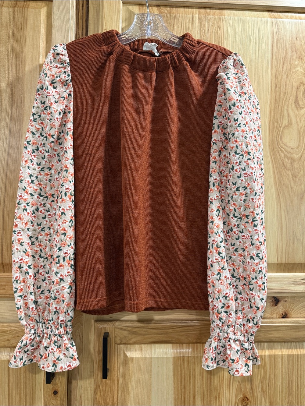 THML Women’s Sz M Boho Retro Rust Brown Knit Top with Floral Puff Sleeves